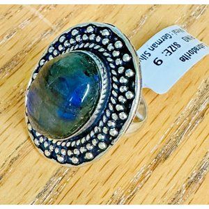Labradorite Real Gemstone Ring Large 1.25 Inches Ornate Setting Ring Size 9